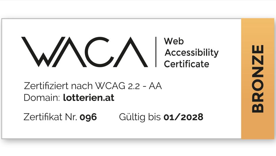 WACA-Label für die zertifizierte Website mit der Domain lotterien.at der Stufe Bronze, zertifiziert nach WCAG 2.2-AA, Zertifikatsnummer 096, gültig bis 01/2028