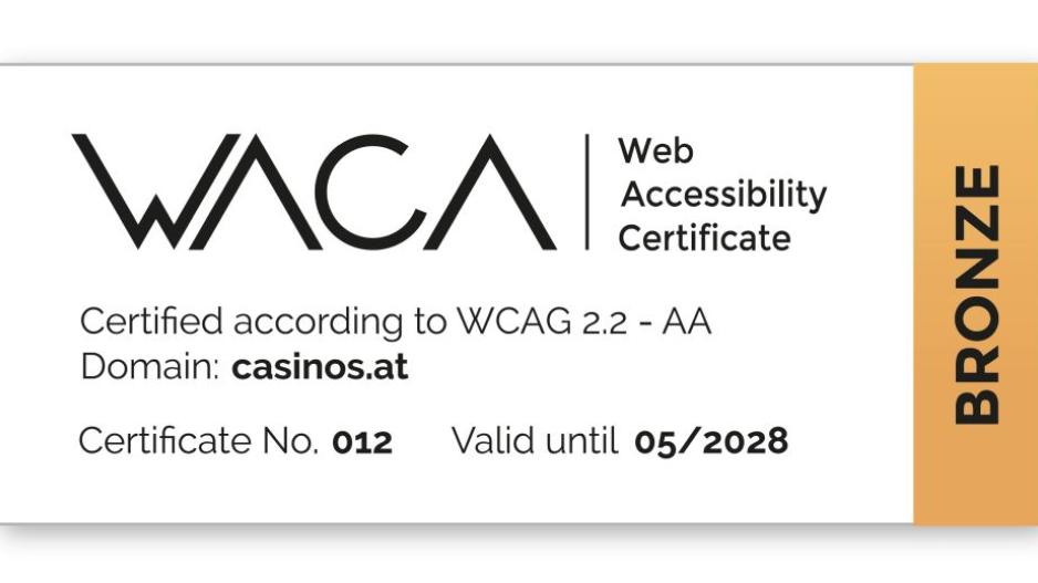WACA label for the certified website with the domain casinos.at, Bronze level, certified according to WCAG 2.2-AA, certificate number 012, valid until 05/2028