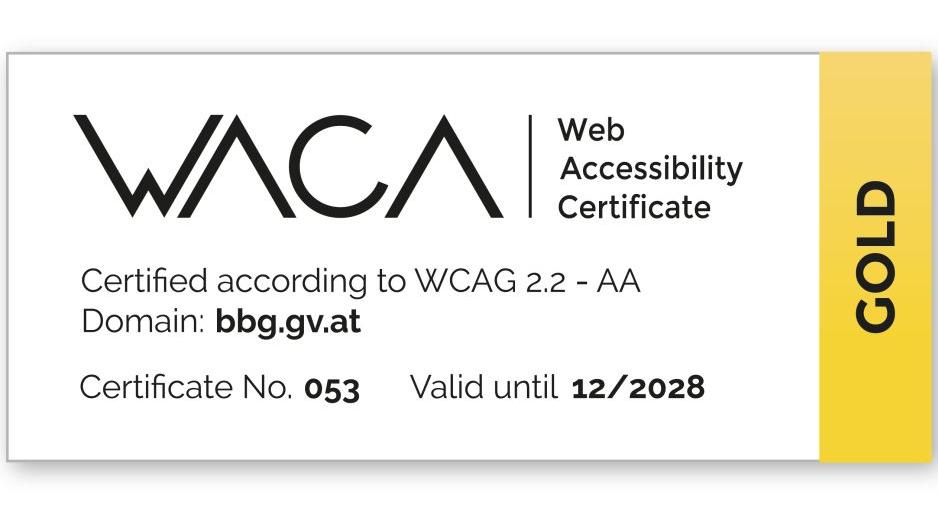 WACA label for the certified website with the domain bbg.gv.at, Gold level, certified according to WCAG 2.2-AA, certificate number 053, valid until 12/2028