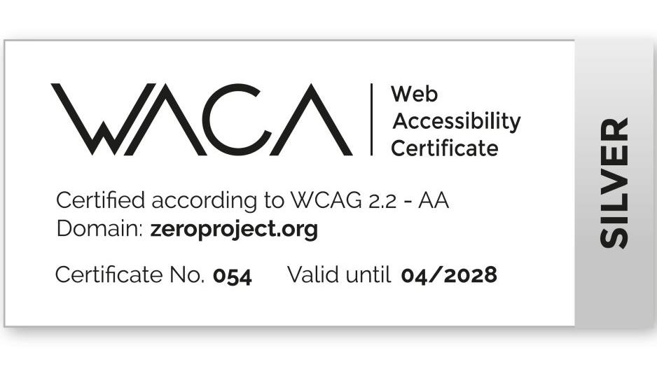 WACA label for the certified website with the domain zeroproject.org, Silver level, certified according to WCAG 2.2-AA, certificate number 054, valid until 04/2028